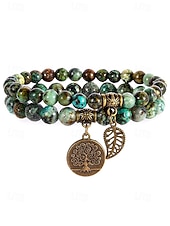 economico Bracciale da donna-Set di braccialetti da donna bohémien a strati con perline di pietra naturale, albero della vita e ciondoli a forma di foglia, gioielli da polso impilabili multicolore in 2 pezzi per l'uso quotidiano,