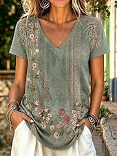 cheap Floral tee-Women's T Shirt Print Floral Graphic Stylish Classic Casual Short Sleeve V Neck Regular Tops Casual Daily Blue Purple Green Summer Spring
