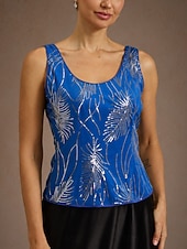  Women's Twinset Blouse Dressy Tops Evening Tops Feather Sequins Elegant 3/4 Length Sleeve Mandarin Collar Regular Tops Party Evening Wear Evening Party Sequins Royal Blue Spring Fall Winter