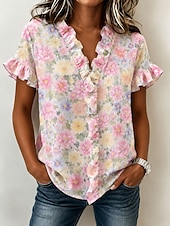 baratos Blusas Florais-Mulheres Túnica Frufru Floral Gráfico Elegante Moda Diário Manga Curta Decote V Tops regulares Casual Diário Amarelo Rosa Verde Verão Primavera