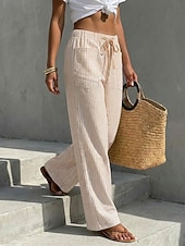cheap Straight-Leg Pants-Women's Wide Leg Chinos Vacation Fashion Casual Daily Full Length Mid Waist Striped Comfort Inelastic Vacation Formal Blue Black Almond Red Summer Spring Loose Fit