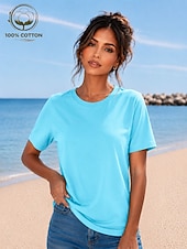 cheap Plain tee-Women's T Shirt Summer Tops Cotton Shirt Tee Top Solid Color Fashion Stylish Basic Short Sleeve Crew Neck Round Neck Regular Tops Casual Daily Beach Blue Khaki Indigo Green with beige Black Summer