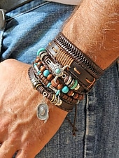 abordables Joyas para hombres-Conjunto de 6 pulseras boho de capas para hombre, con cuentas de madera. &amp;Pulseras de aleación con dije de cabeza de toro y pluma, joyería de estilo occidental para uso casual, viajes, festivales,