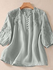 economico Bluse Semplici-Per donna 100% cotone Camicia button-down Tessuto Ricamato Bottoni Vintage Scollo a V Top lunghi Casuale giallo verde Rosa Blu reale Viola Estate Primavera