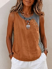 voordelige Gewone Tank-Dames Overhemd Blouse Lapwerk Knop Asymmetrisch Kleurenblok Vintage Mouwloos Strakke ronde hals Vierkante hals Normale tops Casual Rood Licht Bruin Groen Zomer Lente
