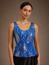  Women's Twinset Blouse Dressy Tops Evening Tops Feather Sequins Elegant 3/4 Length Sleeve Mandarin Collar Regular Tops Party Evening Wear Evening Party Sequins Royal Blue Spring Fall Winter