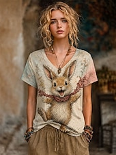  Women's Boho T-shirt Summer Tops Floral Graphic Animal Elegant Bohemia Vintage Short Sleeve V Neck Regular Tops Casual Daily Sports Blue Green with beige Yellow Light Brown Summer Spring