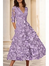 economico Abiti da cocktail-Linea ad A Lunghezza Tè Abiti da Cocktail Abiti da festa Elegante Vintage Floreale Mezza Manica Scollo a V Matrimonio Formale Vestito Rosa Raso con Ricamo Tasca