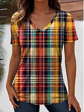  Mujer Camiseta Estampado Graphic Plaid A Rayas Elegante Clásico Casual Manga Corta Escote en Pico Tops regulares Casual Diario Azul Piscina Rosa Naranja Verde Trébol Verano Primavera