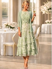 tanie Zestawy sukienek dla mamy-Two Piece A-Line Tea Length Wedding Guest Dress Mother of the Bride Dress Sleeveless 3/4 Length Sleeve Crew Neck Elegant Simple Minimalist Formal Semi Formal Chiffon Jacquard with Floral Print Ruched