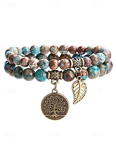 economico Bracciale da donna-Set di braccialetti da donna bohémien a strati con perline di pietra naturale, albero della vita e ciondoli a forma di foglia, gioielli da polso impilabili multicolore in 2 pezzi per l'uso quotidiano,