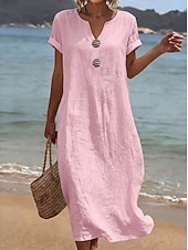  Dames Halflange jurk strand jurk Casual jurk Zomerjurk Basic Klassiek Dagelijks Vakantie Ruim Passend Effen Korte mouw V-hals Geel Blozend Roze Hemelsblauw Zomer Lente