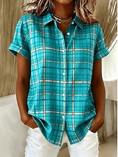 voordelige Strepen- en Geometrische Blouses-Dames Overhemd Knop Afdrukken Grafisch Ruitjes Gestreept Vintage Dagelijks Stijlvol Korte mouw Overhemdkraag Lange tops Casual Dagelijks blauw Groen En Blauw Paars Groen Zomer Lente
