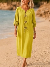 cheap Plain Dress-Women's Midi Dress Beach Dress Elegant Vacation Fashion Daily Outdoor Beach Loose Fit Plain Short Sleeve V Neck Neon Green Black Yellow Army Green Spring