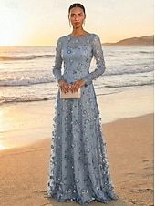 cheap Floor Length-A-Line Dress Floor Length Party Dress Cocktail Dress Mother of the Bride Dress Long Sleeve Crew Neck Elegant Vintage Luxurious Formal Wedding Guest Engagement Party Lace Tulle with 3D Flowers Pleats