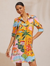 ieftine Tipăriți rochii florale-Rochie tip cămașă din satin mătăsos Summer Escape