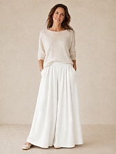 preiswerte Premium-Leinen-Kollektion-Damen-Leinenhose mit weitem Bein, mittelhoher Bund, durchgehende Taschen, elastischer Bund, Vintage-Stil, Resort-Look, lässig, Reisweiß