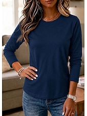  Per donna 100% cotone Maglietta Tinta unica Classico Casual Manica Lunga Girocollo Top Regolari Casuale Quotidiano Blu Bianco Nero Rosa Grigio chiaro Inverno Primavera, Autunno, Inverno, Estate