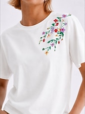 abordables Hauts brodés artisanaux-T-shirt floral brodé 100 % coton pour femmes T-shirt d'été élégants vintage tropicaux à manches courtes col rond haut régulier décontracté quotidien plage blanc été printemps automne hiver