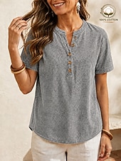  Maglietta Henley da donna Softfade™ in 100% cotone stile vintage - top basic a maniche corte con lavaggio morbido