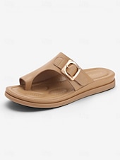 cheap Comfort Sandals-Women's Brown Buckle Comfort Slide Sandals – Cushioned Footbed Slippers, Open Toe Casual Summer Walking Sandals with Arch Support for All-Day Comfort, Travel, Vacation and Daily Wear