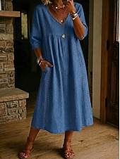  Vestido midi feminino com aparência de jeans, estilo camisa, elegante, para férias, vintage, para uso diário, ao ar livre, modelagem solta, liso, manga longa, decote em V, azul marinho, primavera