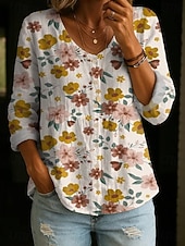 baratos Blusas Florais-Mulheres Camisa Social Franzido Botões Floral Gráfico Elegante Boêmia Férias Decote V Tops curtos Casual Branco Amarelo Castanho Claro Verão Primavera