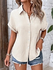 abordables Blusas Sencillas-Mujer Camisa Blusa Retazos Bolsillo Color sólido Elegante Moda Casual Manga Corta Cuello Camisero Tops regulares Casual Rosa Naranja Marrón Verde Trébol Albaricoque Verano Primavera
