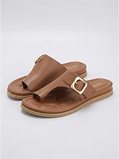 cheap Comfort Sandals-Women's Brown Buckle Comfort Slide Sandals – Cushioned Footbed Slippers, Open Toe Casual Summer Walking Sandals with Arch Support for All-Day Comfort, Travel, Vacation and Daily Wear