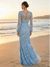 tanie Suknie wieczorowe typu sheath-Ołówkowa Kolumnowa Sięgająca podłoża Suknia wieczorowa Elegancja Błyszczące Wieczór Empire Waist Długi rękaw Półgolf Wieczorna impreza Ślub Tiul Szarmeza z Brokat Cekin Haft koralikowy