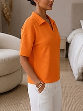  Mulheres Camiseta Camisas Polo Camisetas Tops de tricô waffle Tecido Moda à moda Básico Manga Curta Colarinho de Camisa Tops regulares Casual Diário Para Noite Azul Preto Branco Azul Céu Laranja