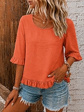 abordables Camiseta lisa-Mujer Blusa Textura Volante Vintage Manga 3/4 Tops regulares Casual Gris azulado Negro Rosa Naranja Verde Trébol Verano Primavera