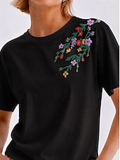 abordables Hauts brodés artisanaux-T-shirt floral brodé 100 % coton pour femmes T-shirt d'été élégants vintage tropicaux à manches courtes col rond haut régulier décontracté quotidien plage blanc été printemps automne hiver