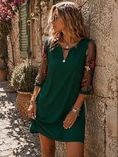 economico Vestito bianco-Per donna Mini Abito Abito a trapezio Boho Quotidiano Tinta unica Manica 3/4 Girocollo Nero Vino Verde Blu Estate Primavera Autunno
