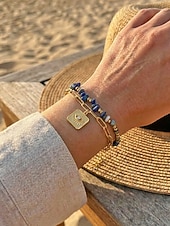 preiswerte Damenarmband-Damen-Doppelarmband im Boho-Stil mit mehreren Lagen Perlen, Naturstein &amp;Charm-Armband aus Titanstahl für Damen, Sommer-Schmuckstück mit mehreren Anhängern – perfekt für Urlaub, Alltag und als Geschenk