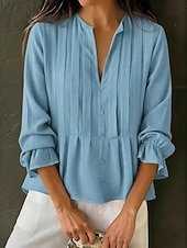  Mulheres Camisa Social Blusa Franzido Côr Sólida Tecido Elegante Moda Diário Manga Longa Sino Decote V Tops longos Casual Diário Vermelho Azul Céu Caqui Verão Primavera