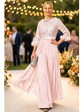 economico Tute della mamma-Tuta Completo Pantalone Lunghezza al pavimento Abito da cerimonia per signora Mezza Manica Collo gioiello Elegante Vintage Ospite di nozze Chiesa Chiffon con Piuma Paillettes Applicazioni