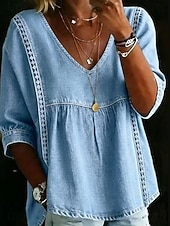  camisa de mujer camisa boho camisa estilo denim camisa de encaje camisa casual encaje patchwork color liso vintage western casual manga corta cuello en V tops regulares casual diario vacaciones azul