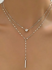 cheap Women's Necklace-Women's Gold Silver Double Layer Bar Pendant Necklace, Minimalist Alloy Layered Chain Jewelry for Women, Elegant Everyday Necklace for Vacation, Work, Party and Gift