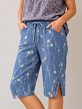  Dames Casual korte broek Vakantie Vintage Knielengte Medium Taille Bloemig Grafisch Afdrukken Comfort Inelastisch Dagelijks Buiten Vakantie Groen Blauw Zomer Lente Normale pasvorm