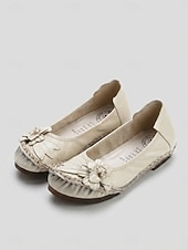 voordelige Platte damesschoenen-Dames ballerina's van premium rundleer in een brede pasvorm - handgemaakte comfortabele schoenen met 3D-bloemenapplicatie en gestikte afwerking, vintage instapschoenen voor casual gebruik, reizen en