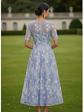 abordables Longueur de cheville-Ligne A Robe Longueur cheville Longueur thé Robe en Dentelle Robe de Cocktail Robe de Mère de Mariée  Manche Courte Demi Manches Col Bateau Élégant ancien Luxueux robe demoiselle d honneur Semi-Formel
