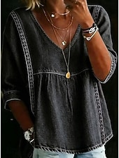  camisa de mujer camisa boho camisa estilo denim camisa de encaje camisa casual encaje patchwork color liso vintage western casual manga corta cuello en V tops regulares casual diario vacaciones azul