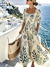cheap Floral Dress-Women's Midi Dress A Line Dress Vacation Beach Holiday Regular Fit Floral Graphic Half Sleeve Square Neck Light Pink Pink Beige Summer Spring