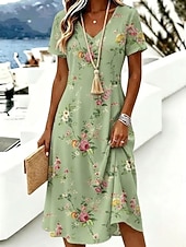  Femmes Robe Longueur Genou Robe T-Shirt Robe trapèze Vacances Occasionnel Boho Plage Coupe régulière Fleuri Graphique Manche Courte Col en V Bleu Orange Vert Été Printemps