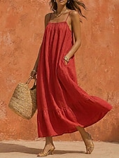  Per donna Abito maxi Abiti di lino Abito Boho Vintage Vacanza Vestibilità comoda Semplice Senza Maniche Spalline sottili Corallo Nero Estate