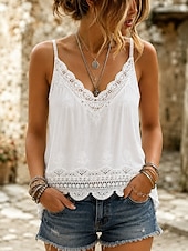 abordables Tops de Encaje-Mujer Top de empalme de encaje Tops de verano Cami Top Jacquard Ribete de encaje Encaje de ilusión Elegante Bohemia Activo Sin Mangas Escote en Pico Tops regulares Casual Blanco Amarillo Marrón Verde