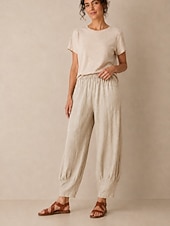 abordables Collection de Lin en Premium-Pantalon large en lin pour femme, taille mi-haute, poches pleine longueur, ceinture élastique, couleur bordeaux et bleu azur, idéal pour les vacances