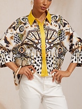 preiswerte Blusen-Vintage-Leopardenschmuck, seidiges Satinhemd mit Dolmanärmeln