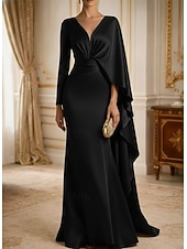 economico Abiti da sera a tubino-Tubino Colonna Strascico a Terra Abito da Sera Abito formale Elegante Stile Celebrità Setoso Senza Maniche Scollo a V Matrimonio Formale Mantelle Raso con Pieghe Arricciato Volant
